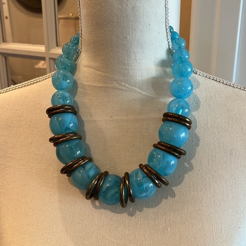 Large Bubble Necklace with Copper Circles! Big Bold Clear Blue Ball 20” Necklace